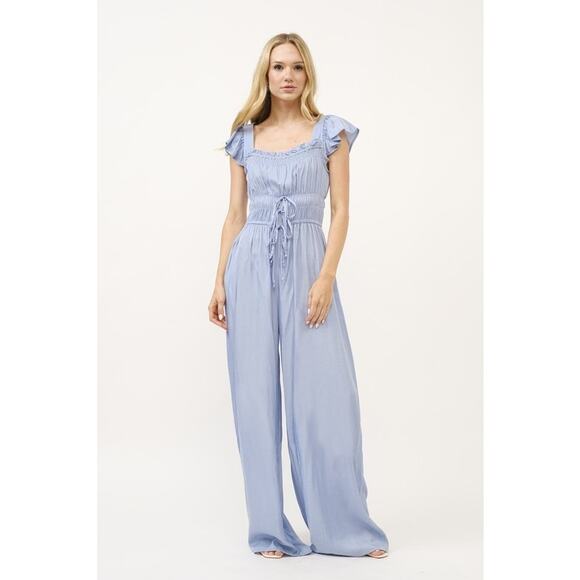 And The Why Ruched Multi Strings Details Square Neck Wide Leg Jumpsuit | Blue - Picture 3 of 8